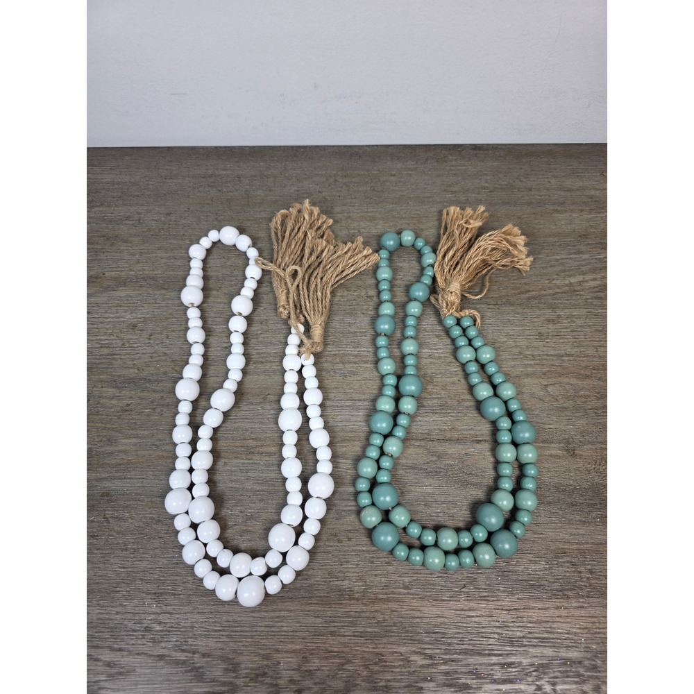 Wood Bead Garlands with Jute Tassels White and Teal Blue